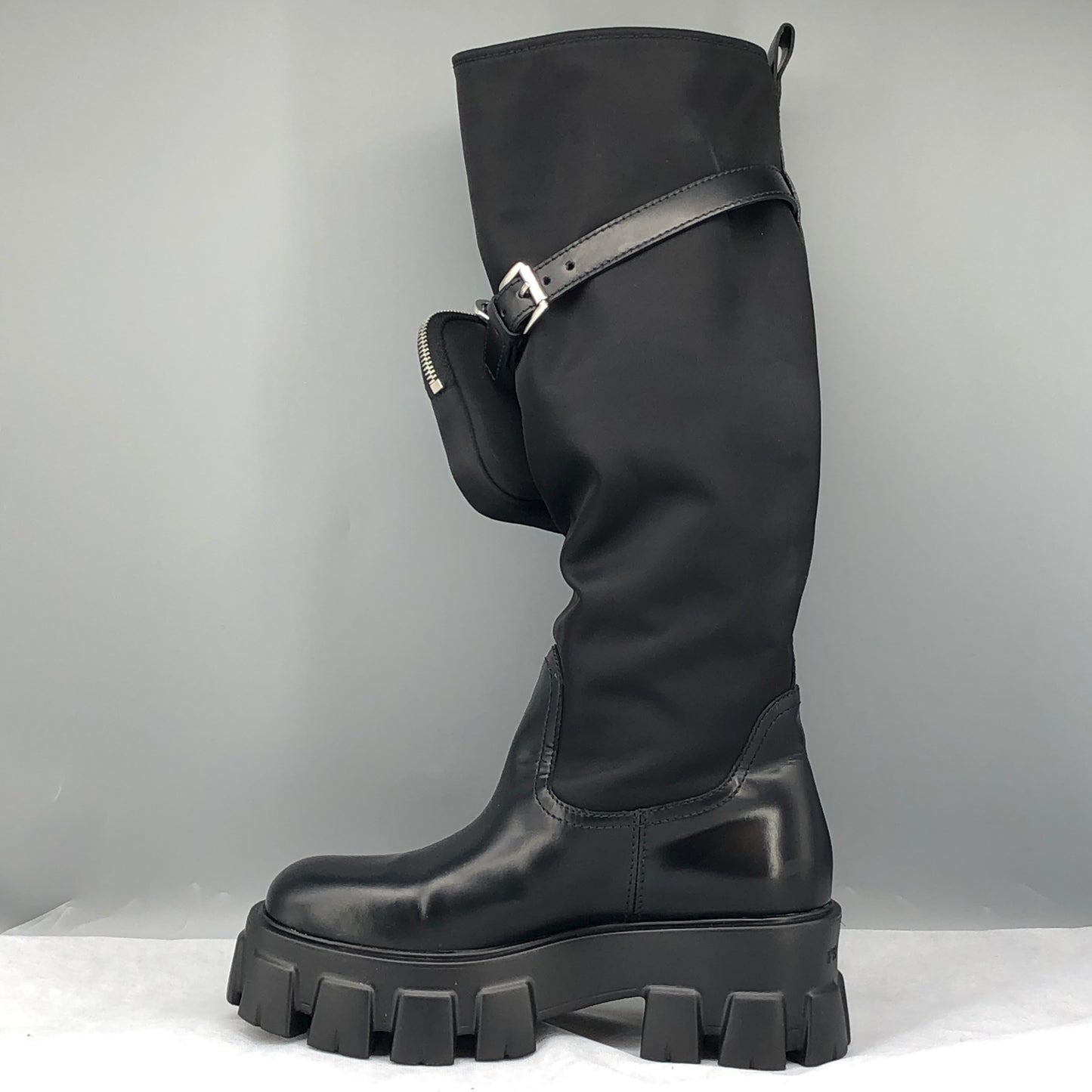 Prada Women‘s Re-Nylon Knee-High Lug Sole Boots Size 37 Black