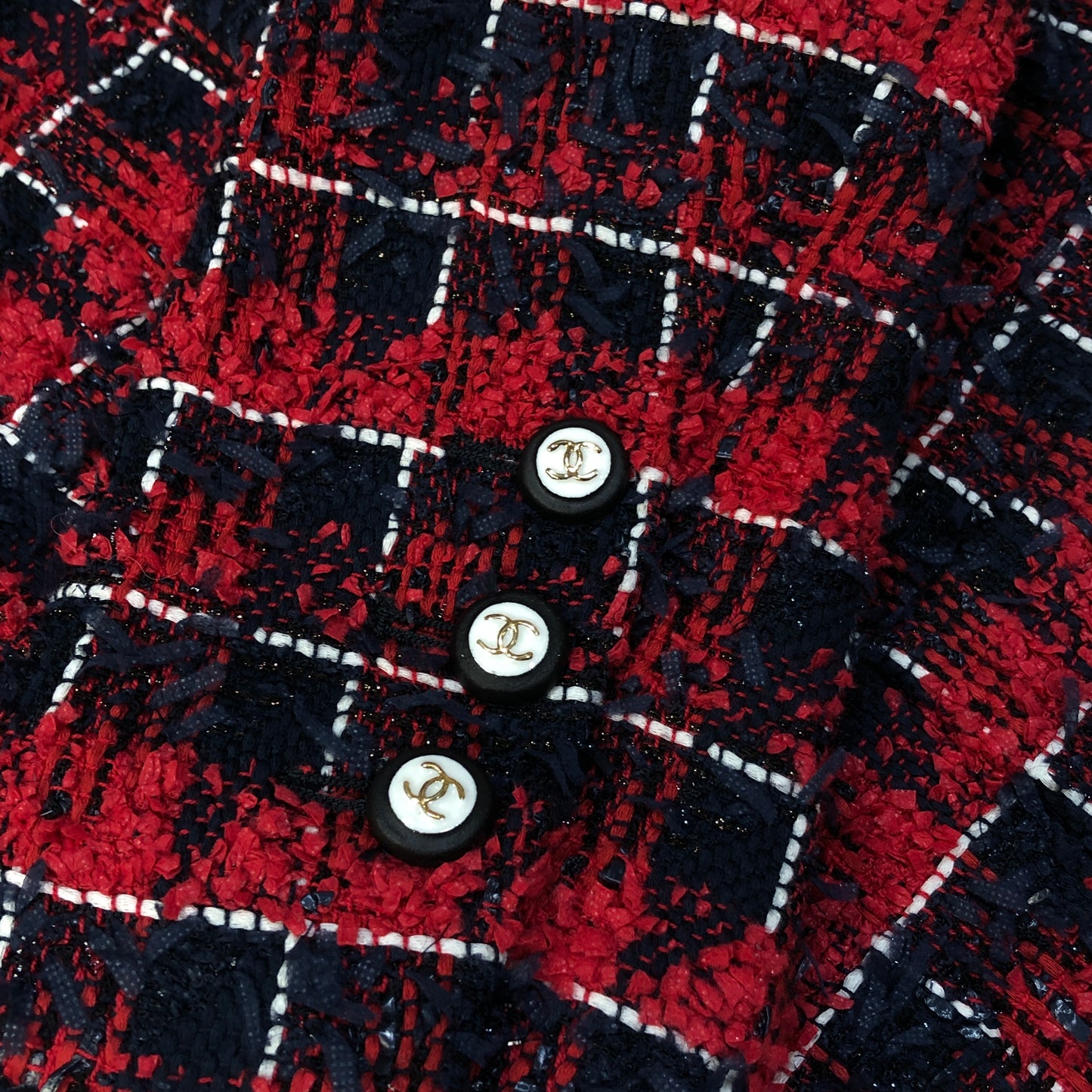Chanel Red & Navy Blue Plaid Tweed Blazer Lapel Collar Size 36