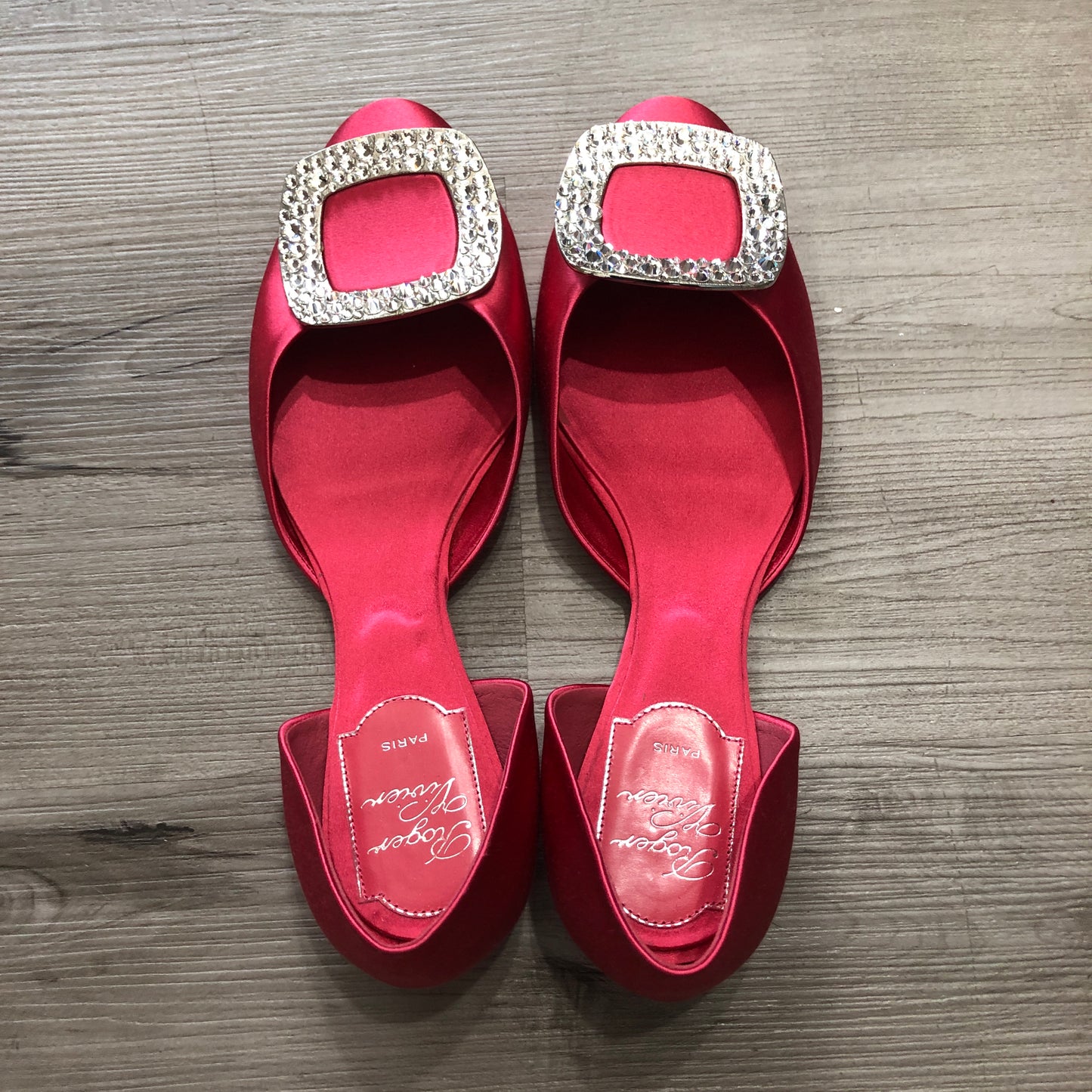 Roger Vivier Women's Red Satin Crystal Buckle Flats Size 36