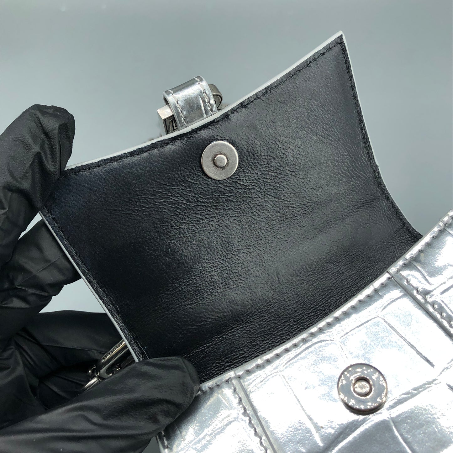 Balenciaga Silver Croc Embossed micro Hourglass Top Handle Bag