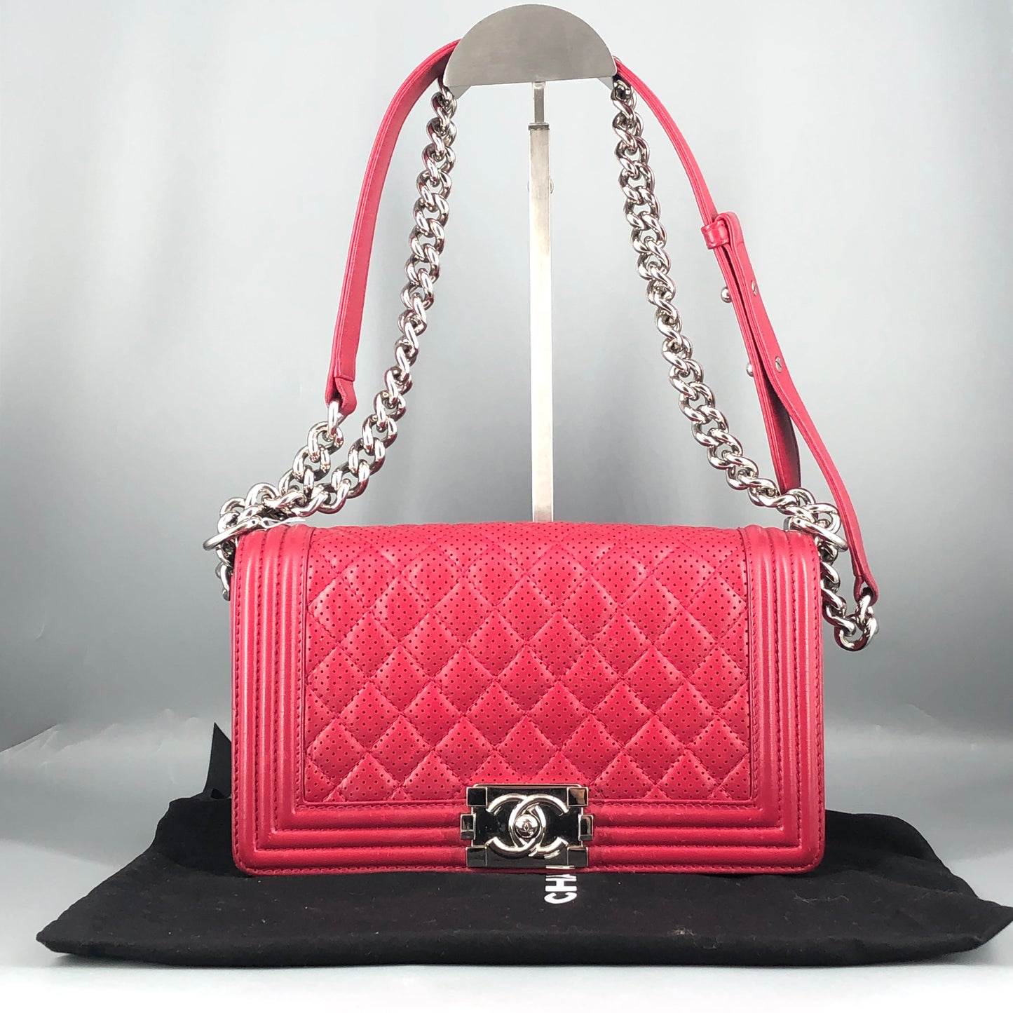 Chanel Boy Perforated Lambskin Quilted Shoulder Bag  Hot Pink