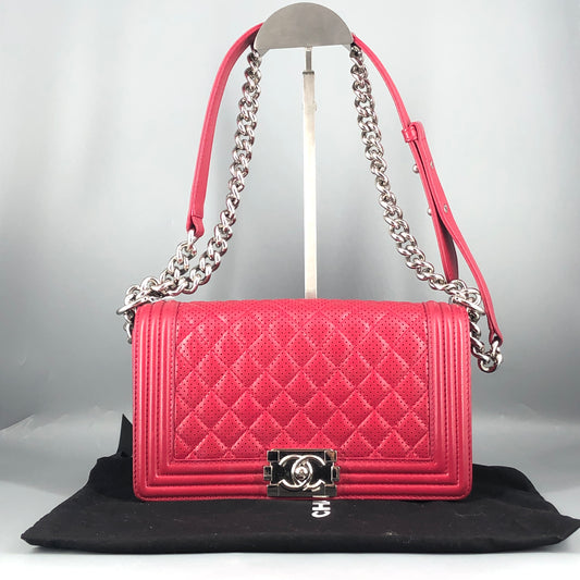 Chanel Boy Perforated Lambskin Quilted Shoulder Bag  Hot Pink