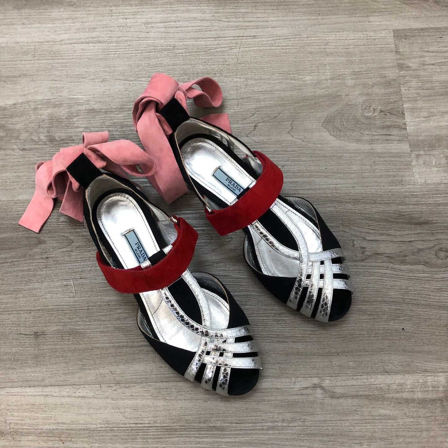 Prada Women's Two-Tone Cutout Patent Leather Ankle Strap Heels 35.5 Black Silver Red Pink