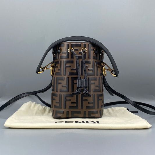 Fendi Brown FF Print Mini Drawstring Bucket Bag