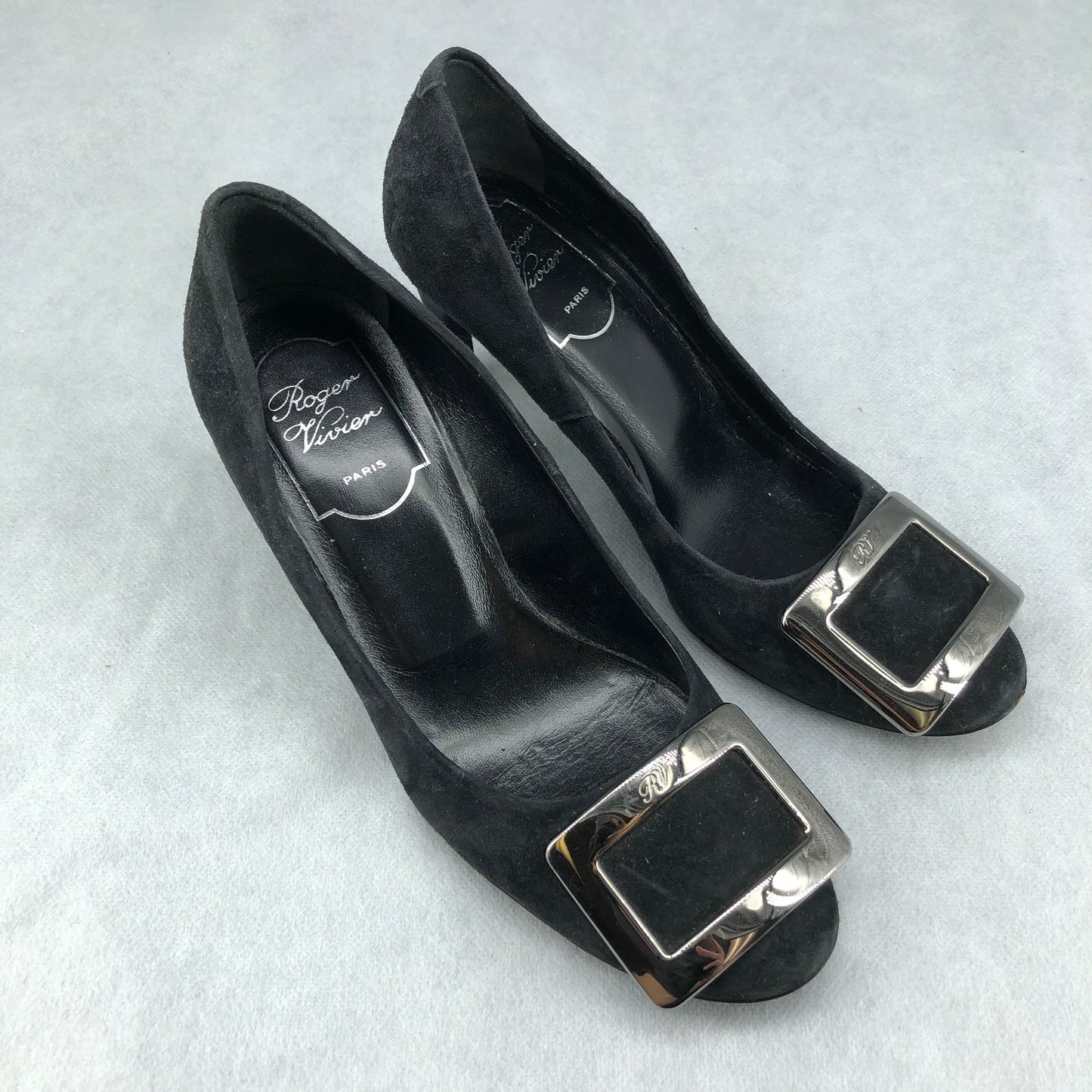 Roger Vivier Dark Grey Suede Square Metal Buckle Stiletto Pumps 35