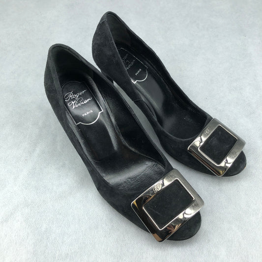 Roger Vivier Dark Grey Suede Square Metal Buckle Stiletto Pumps 35