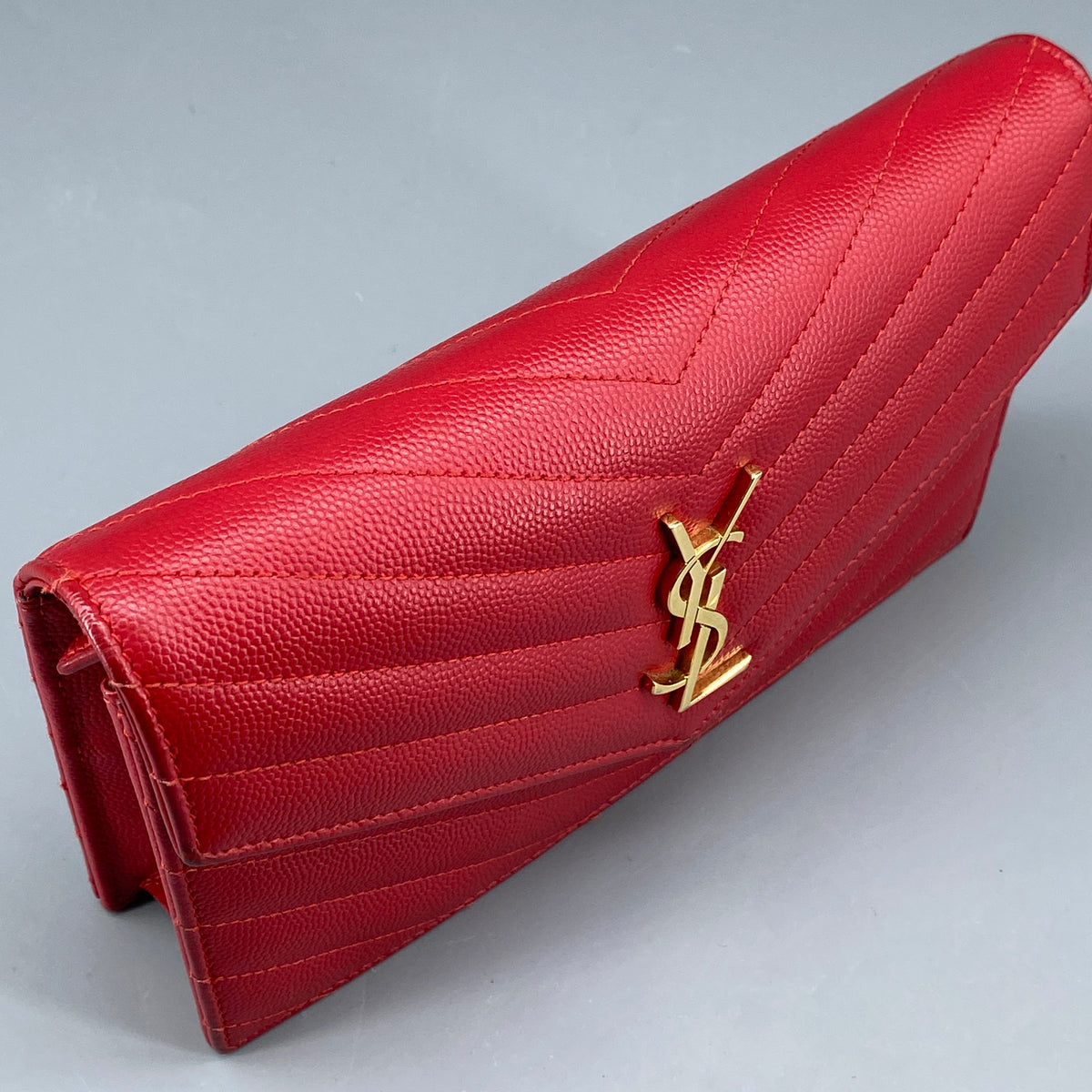 Saint Laurent Matelasse Chevron  Envelope Chain Wallet New Red