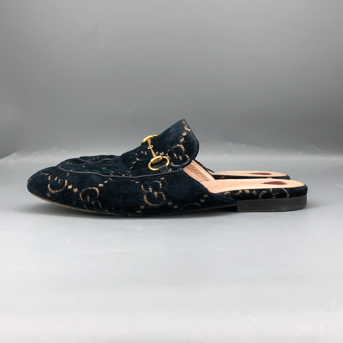 Gucci Navy Blue GG Velvet Women's Mules Shoes Size 38