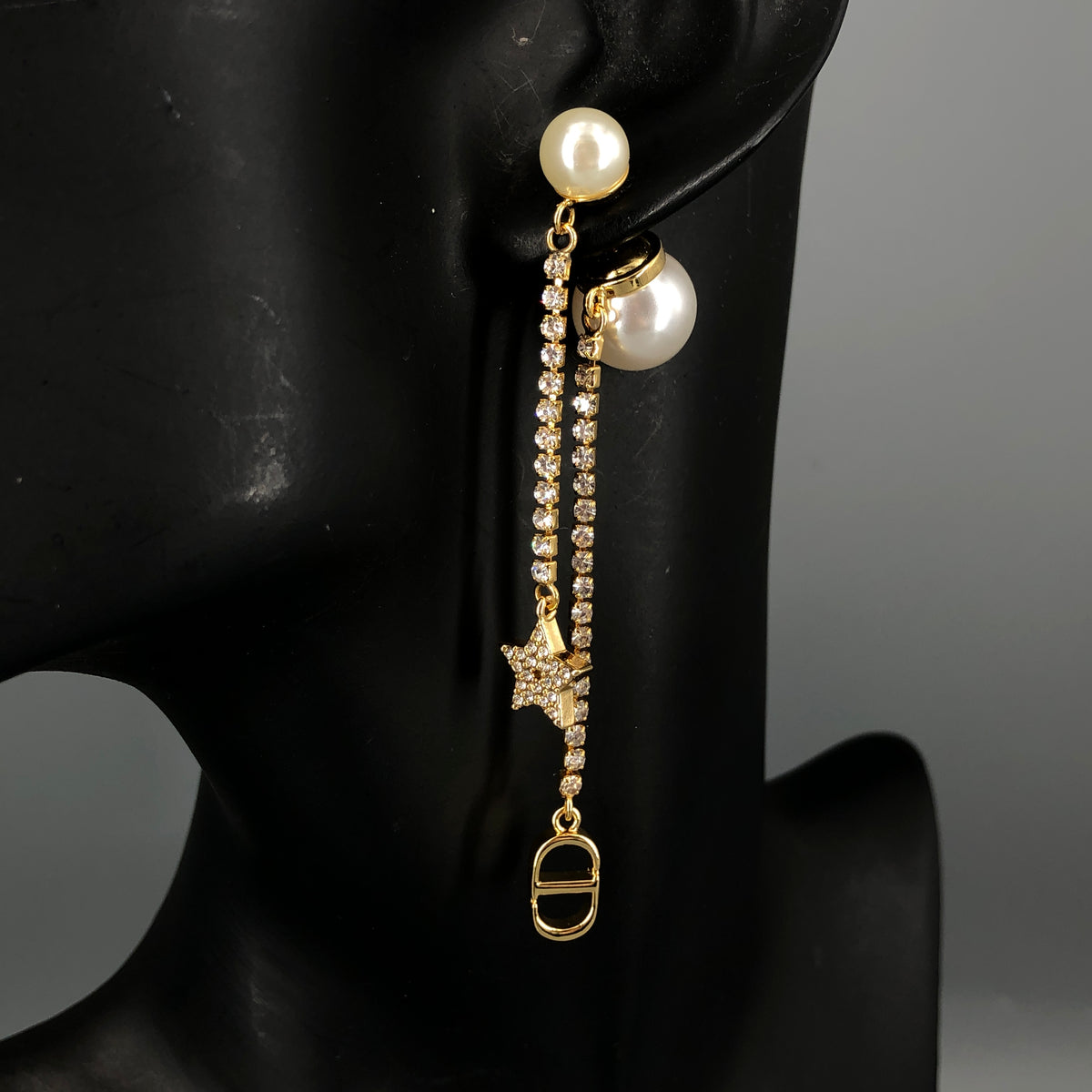 Christian Dior Gold Tone Pearl Star Crystal Drop Earrings