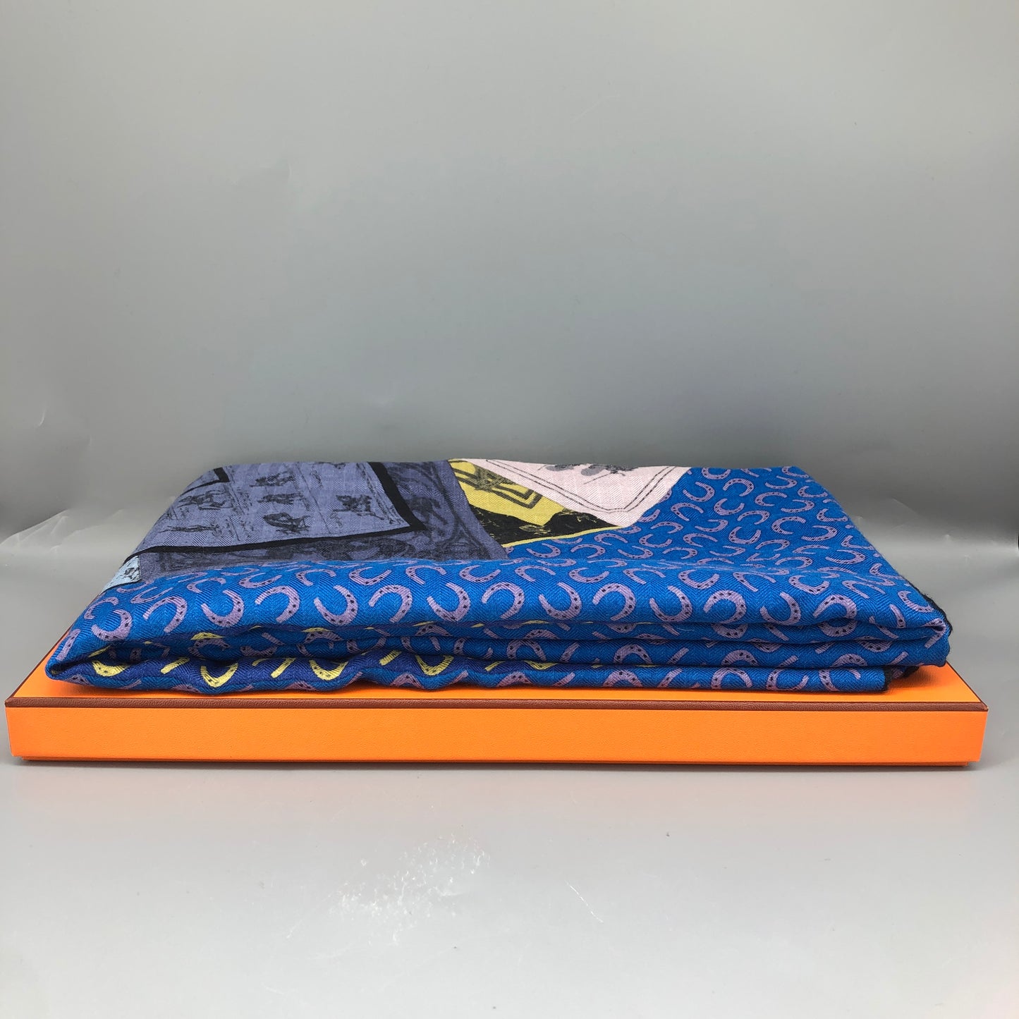 Hermes Horse Print Cashmere Silk Shawl Blue/Yellow/Black/Green 134*134cm