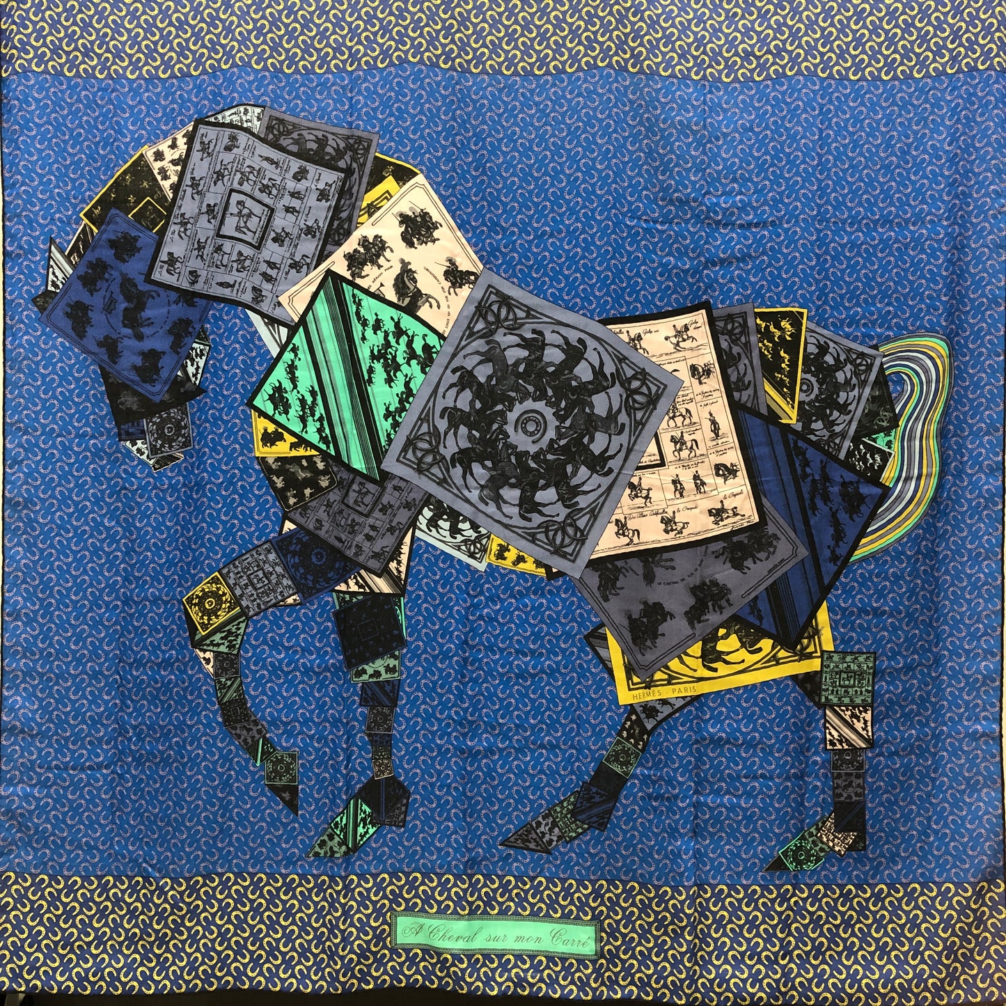 Hermes Horse Print Cashmere Silk Shawl Blue/Yellow/Black/Green 134*134cm