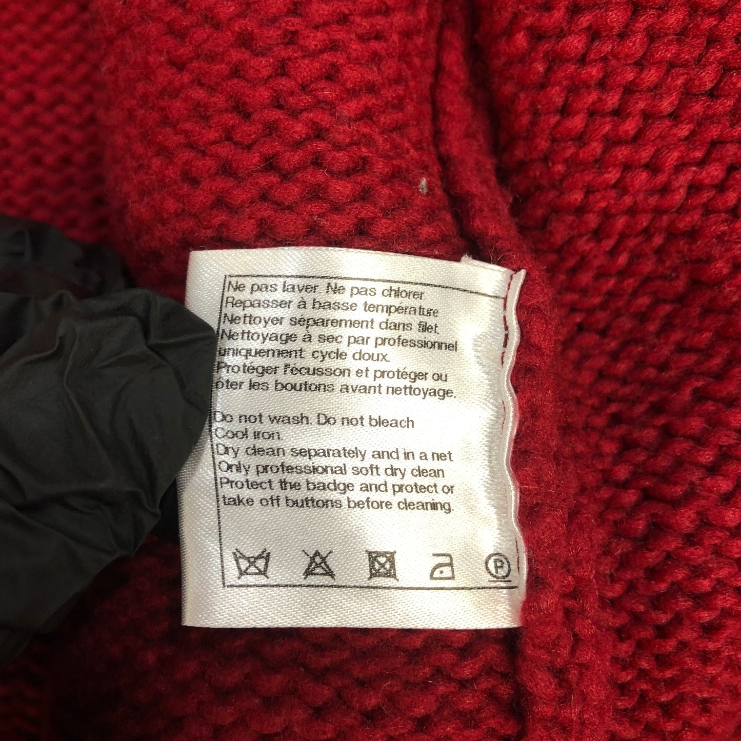 Chanel Red Cable Knit Cardigan with Navy Trim Size 44