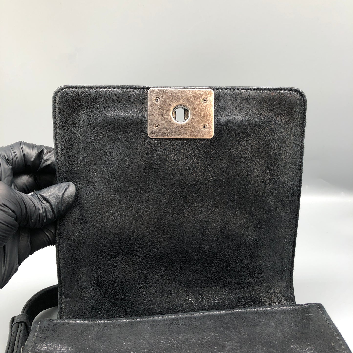 Chanel Black shiny suede nubuck iridescent leather Leather Mini Boy Bag