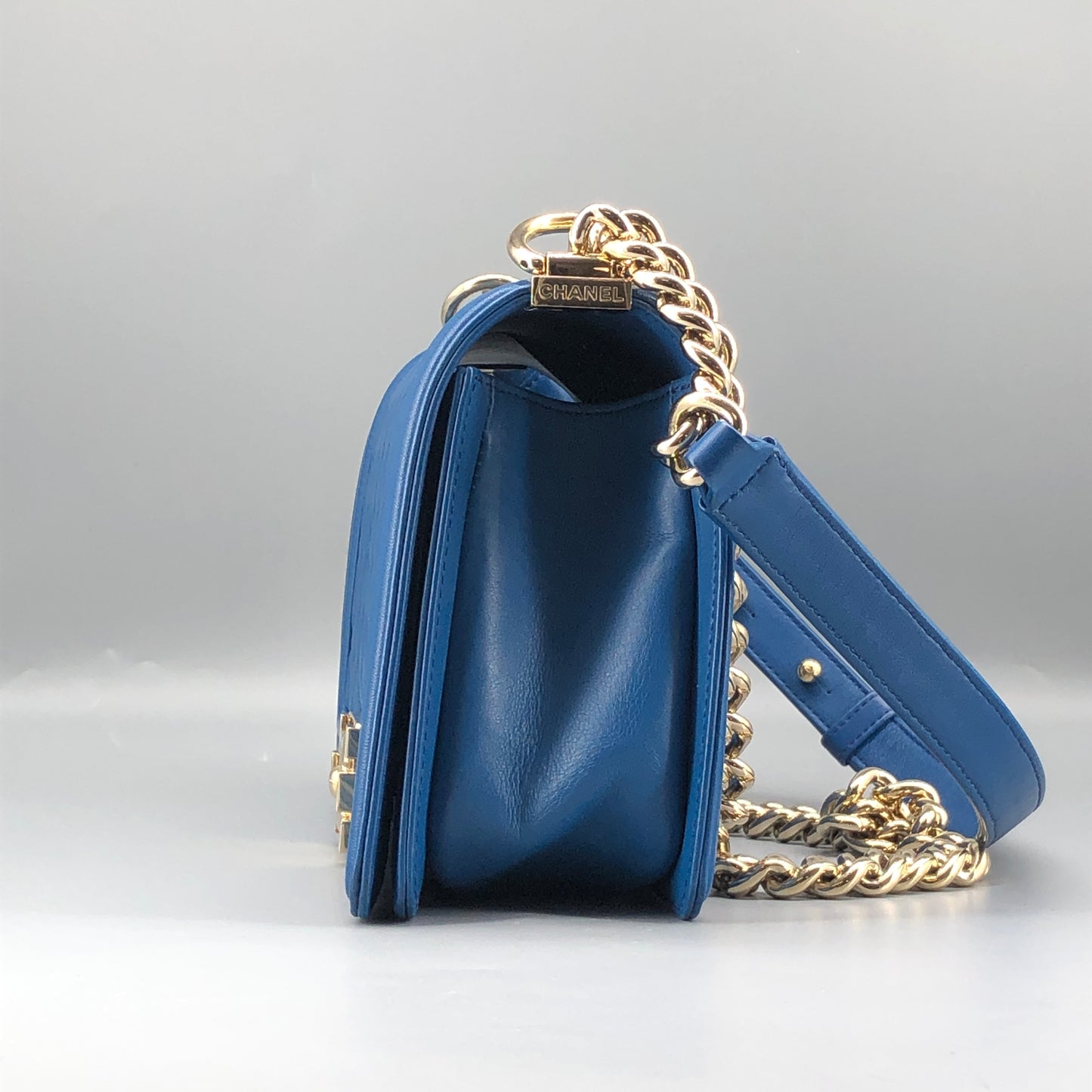 Chanel Boy Lambskin Leather Quilted Leather Chain Flap Bag Bright Blue