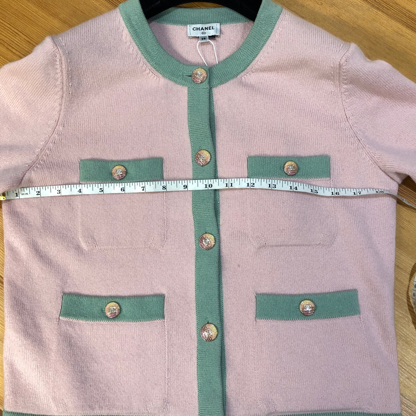 Chanel Pink Knit Cardigan with Green Trim Size 38