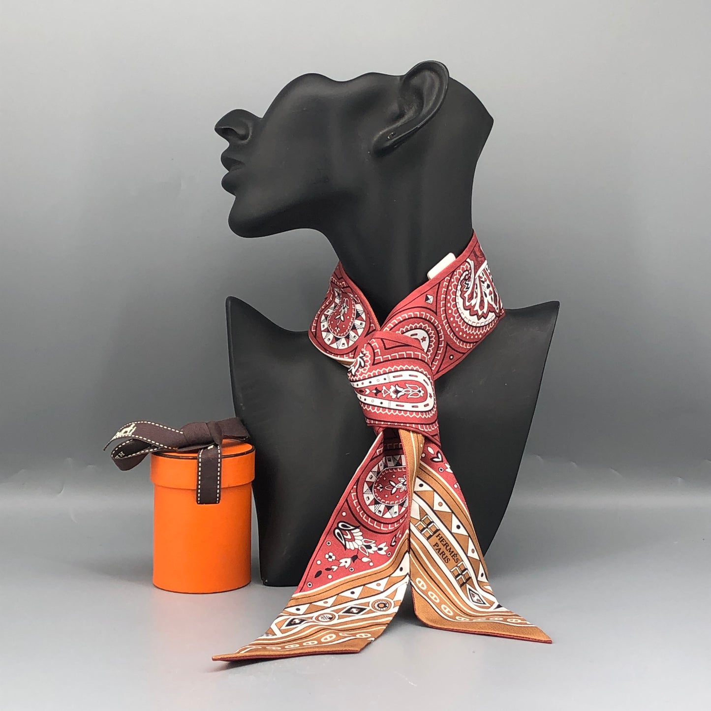Hermes NWT Caramel Brown Paisley Print Twilly Silk Scarf