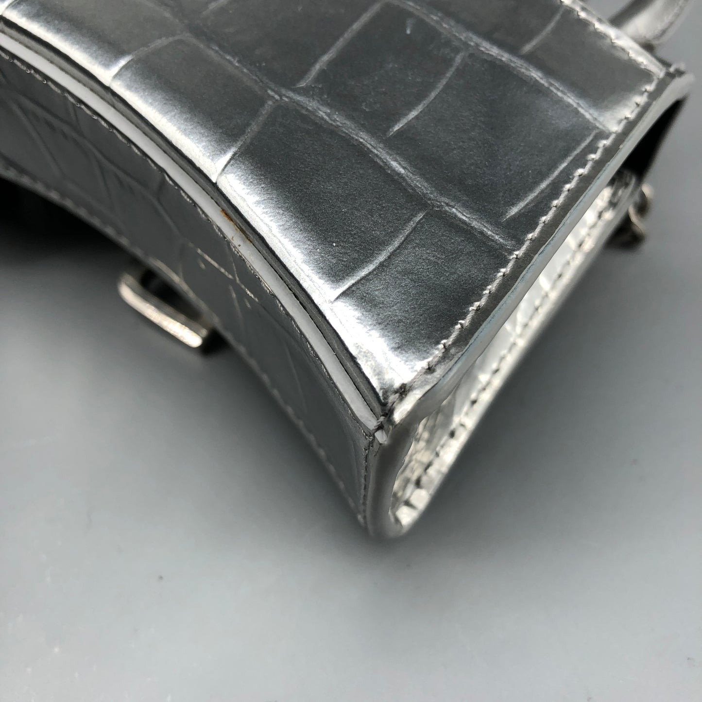 Balenciaga Silver Croc Embossed micro Hourglass Top Handle Bag