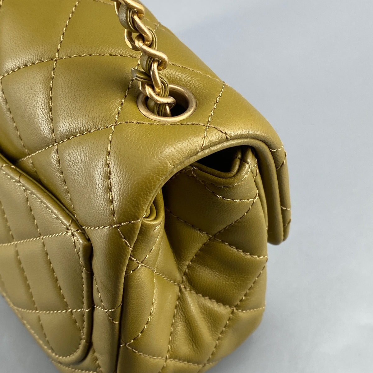 Chanel Olive Green Quilted  Lambskin Ball Charm Flap Bag