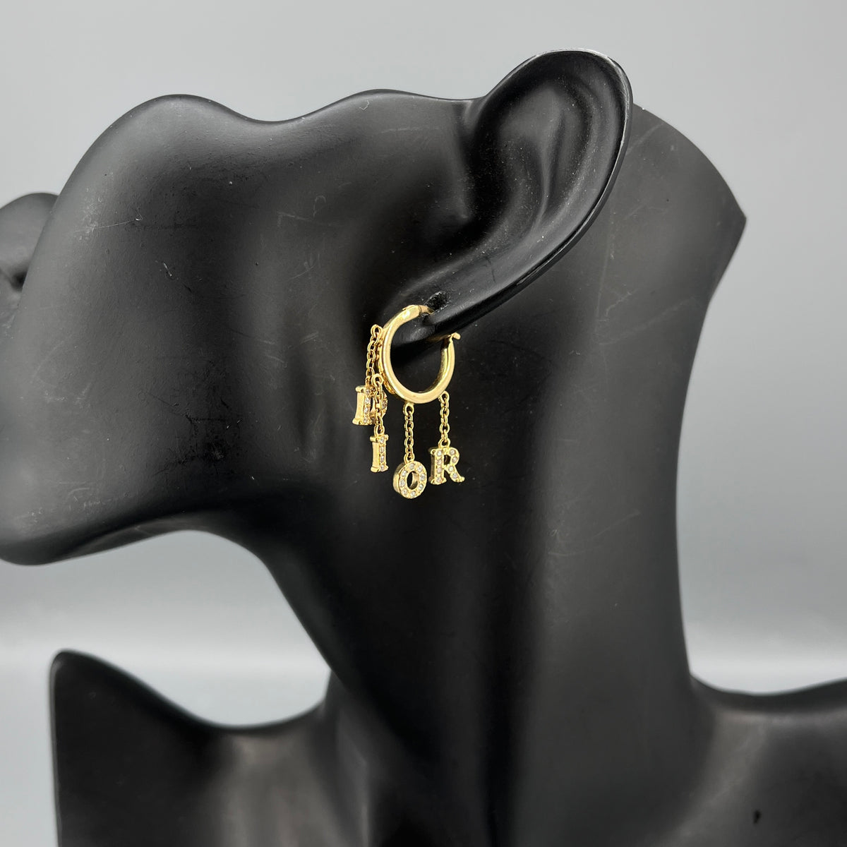 Christian Dior Gold Tone Crystal Letter Hoop Earrings