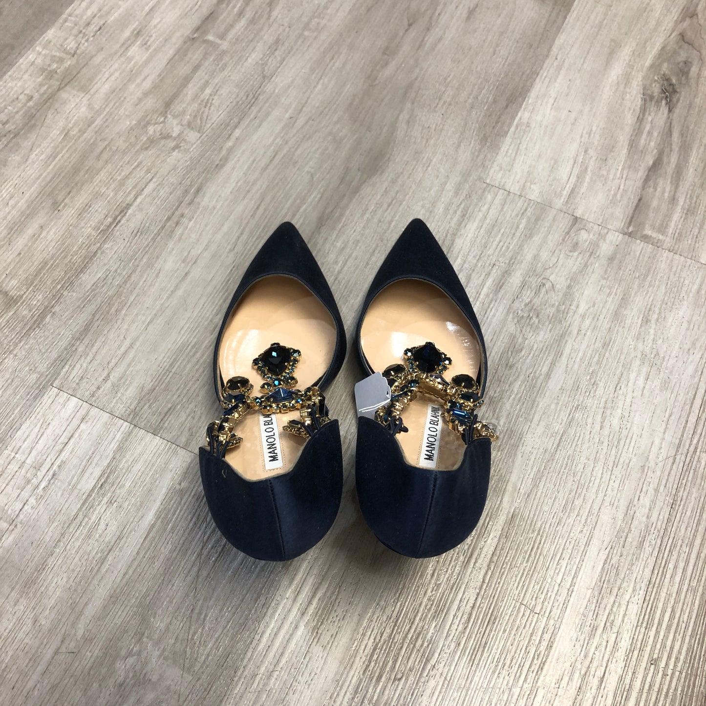 Manolo Blahnik Women's Satin Crystal Pointed Toe Stiletto Pumps Shoes 37.5 Dark Navy Blue