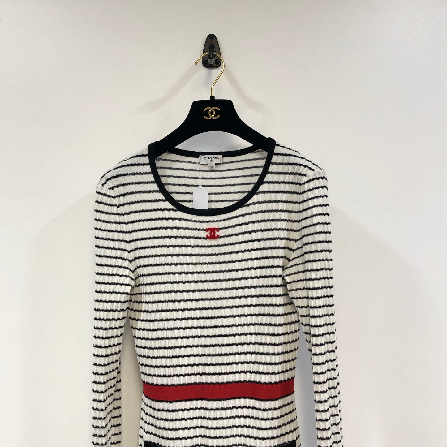 Chanel Black & White Striped Knit Midi Dress Size 36