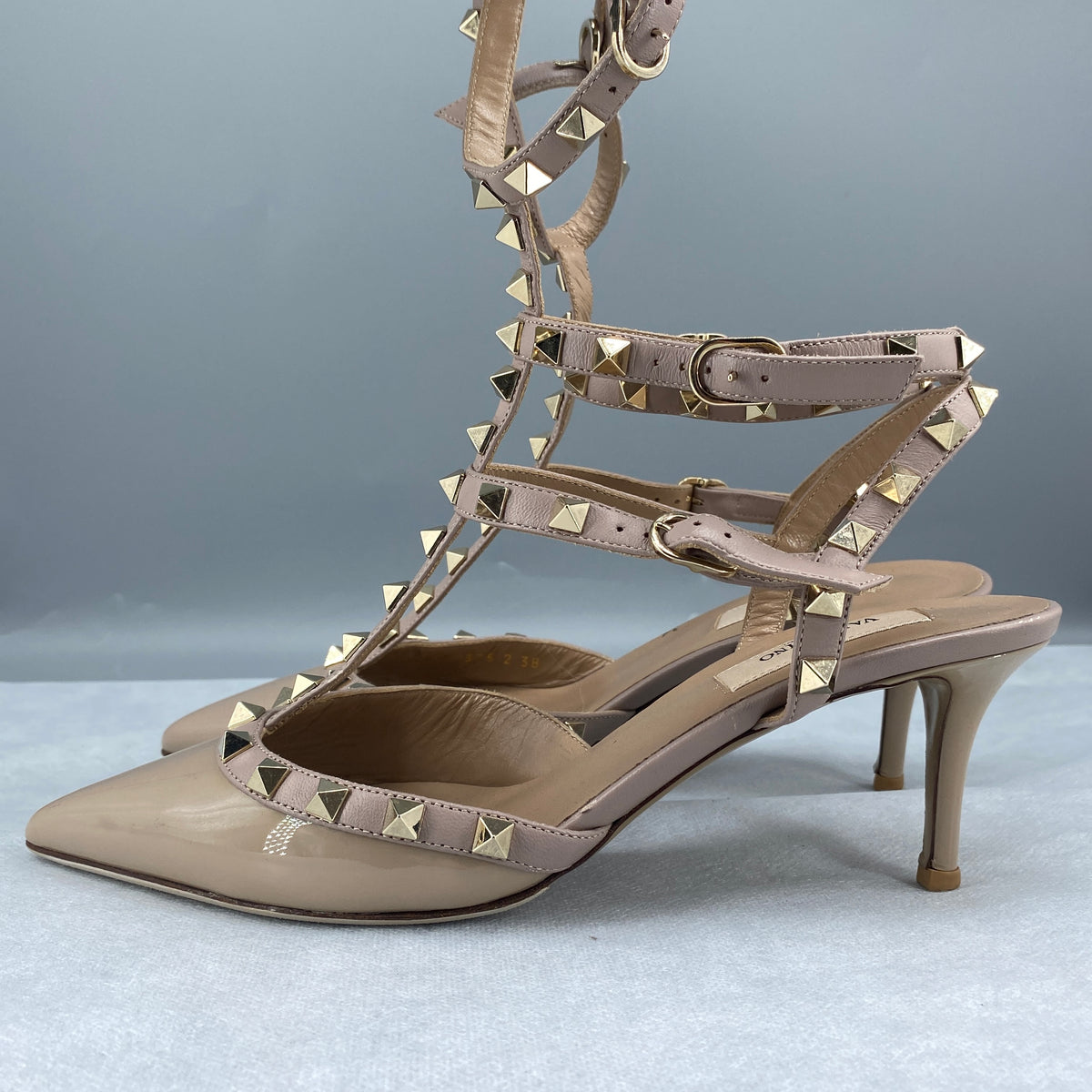 Valentino Nude Patent Leather Rockstud Pointed Heel Sandals Size 38
