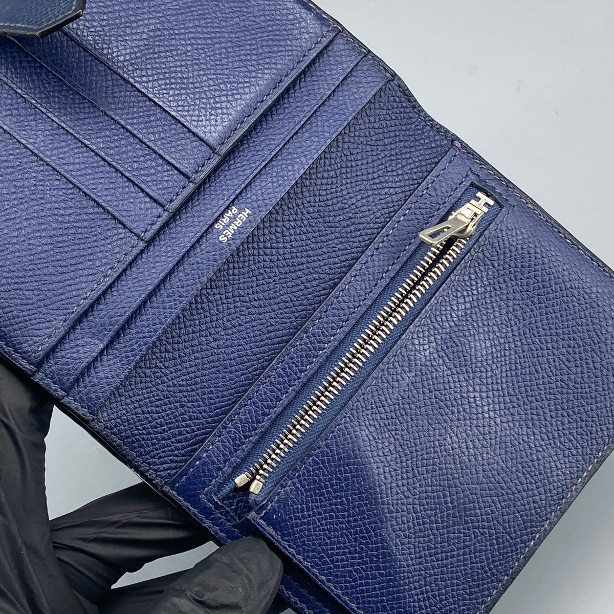 Hermes Bearn Compact Wallet Light Blue & Navy Leather