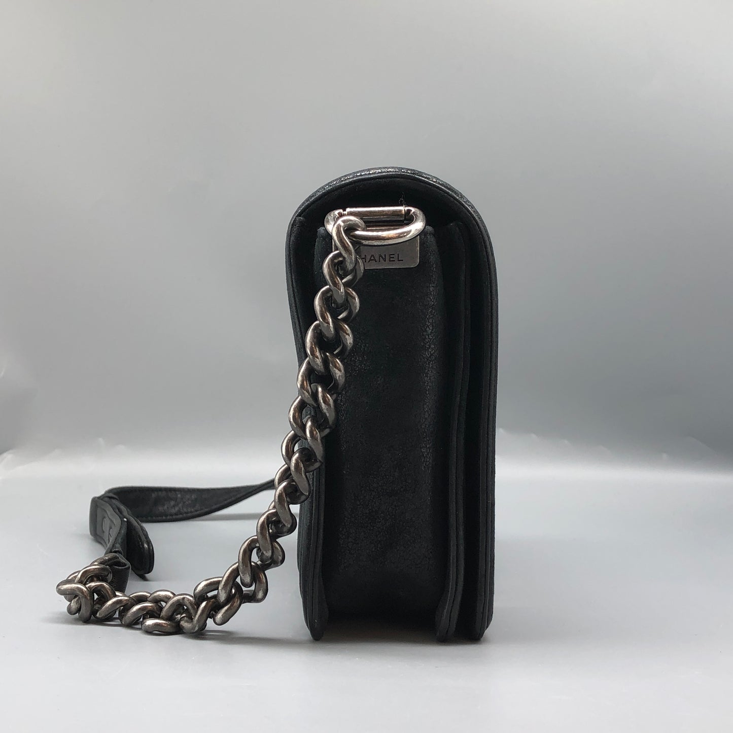 Chanel Black shiny suede nubuck iridescent leather Leather Mini Boy Bag