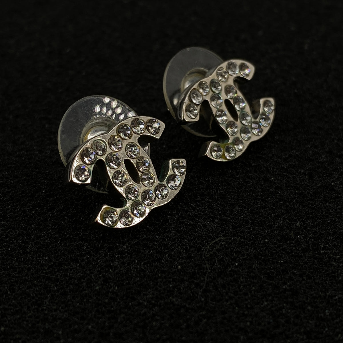 Chanel Silver Tone CC Crystal Stud Earrings