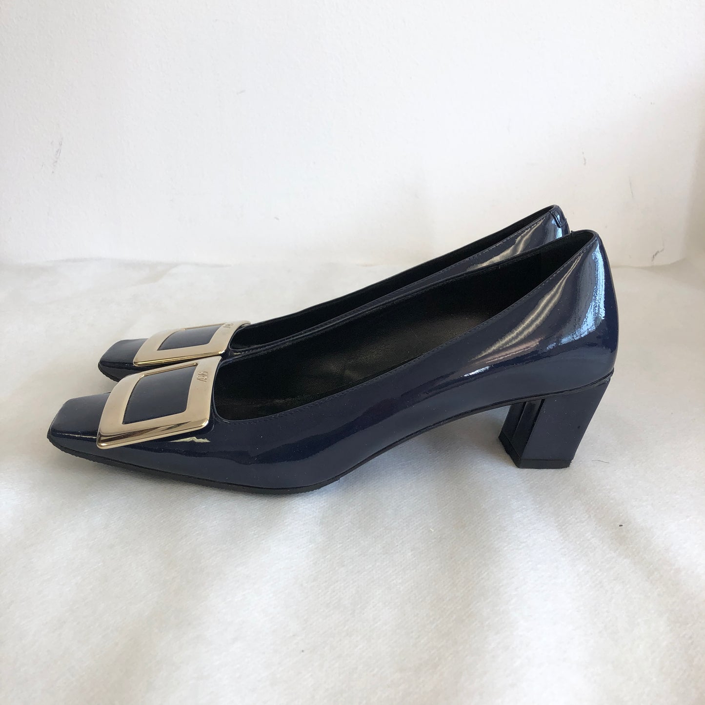 Roger Vivier Navy Patent Leather Square‑Buckle Block Heel Shoes size 35 1/2