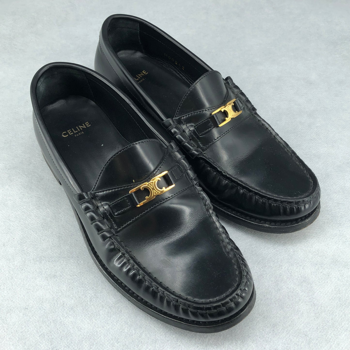 Celine Women’s Black Leather Triomphe Metal Loafer Shoes