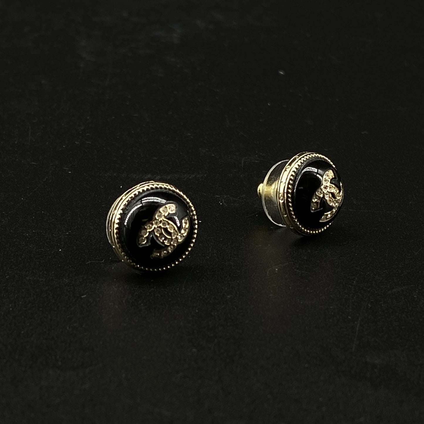 Chanel Black Enamel Gold Border Double C Round Stud Earrings