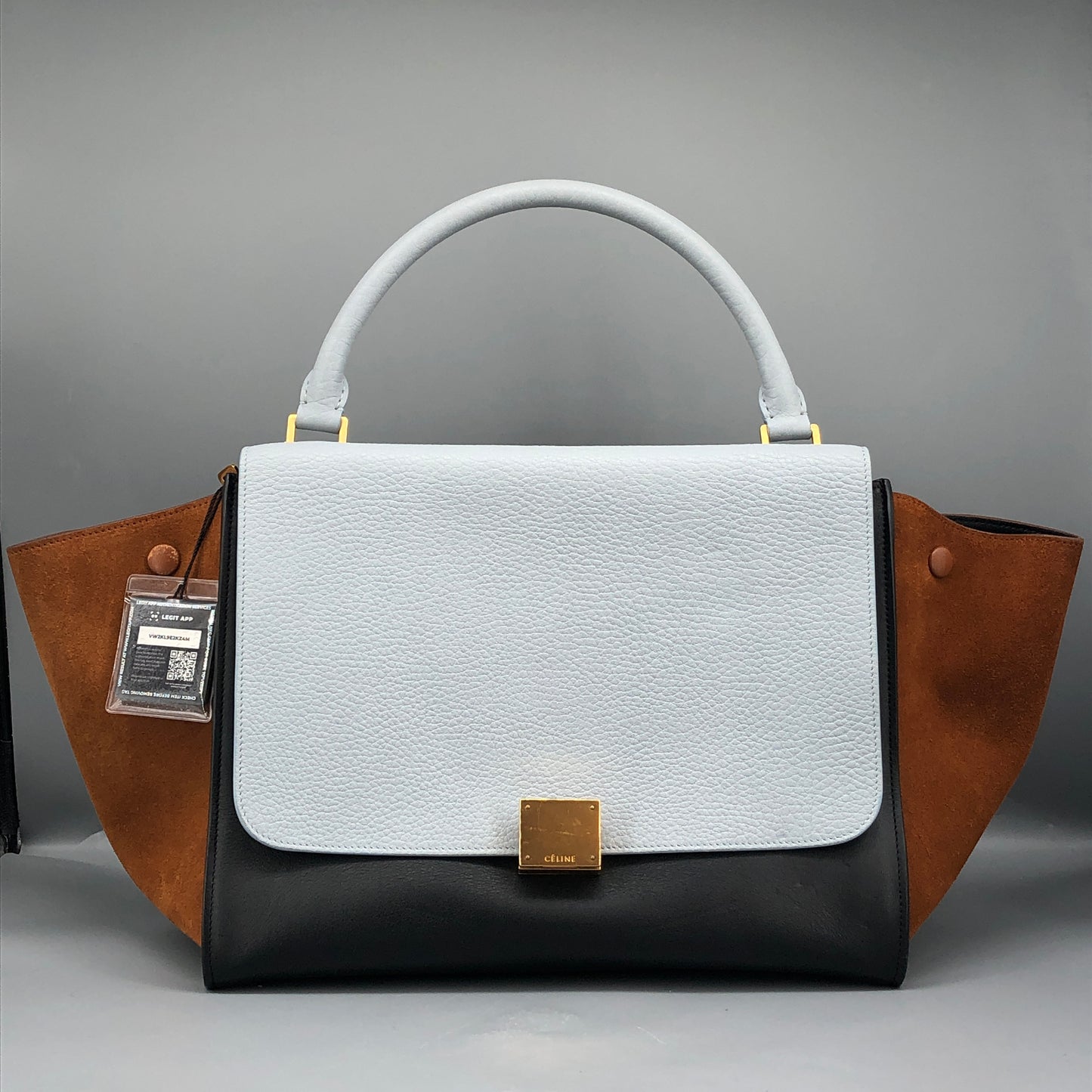 Celine Trapeze Leather & Suede Tote Bag Light Blue/Caramel/Black