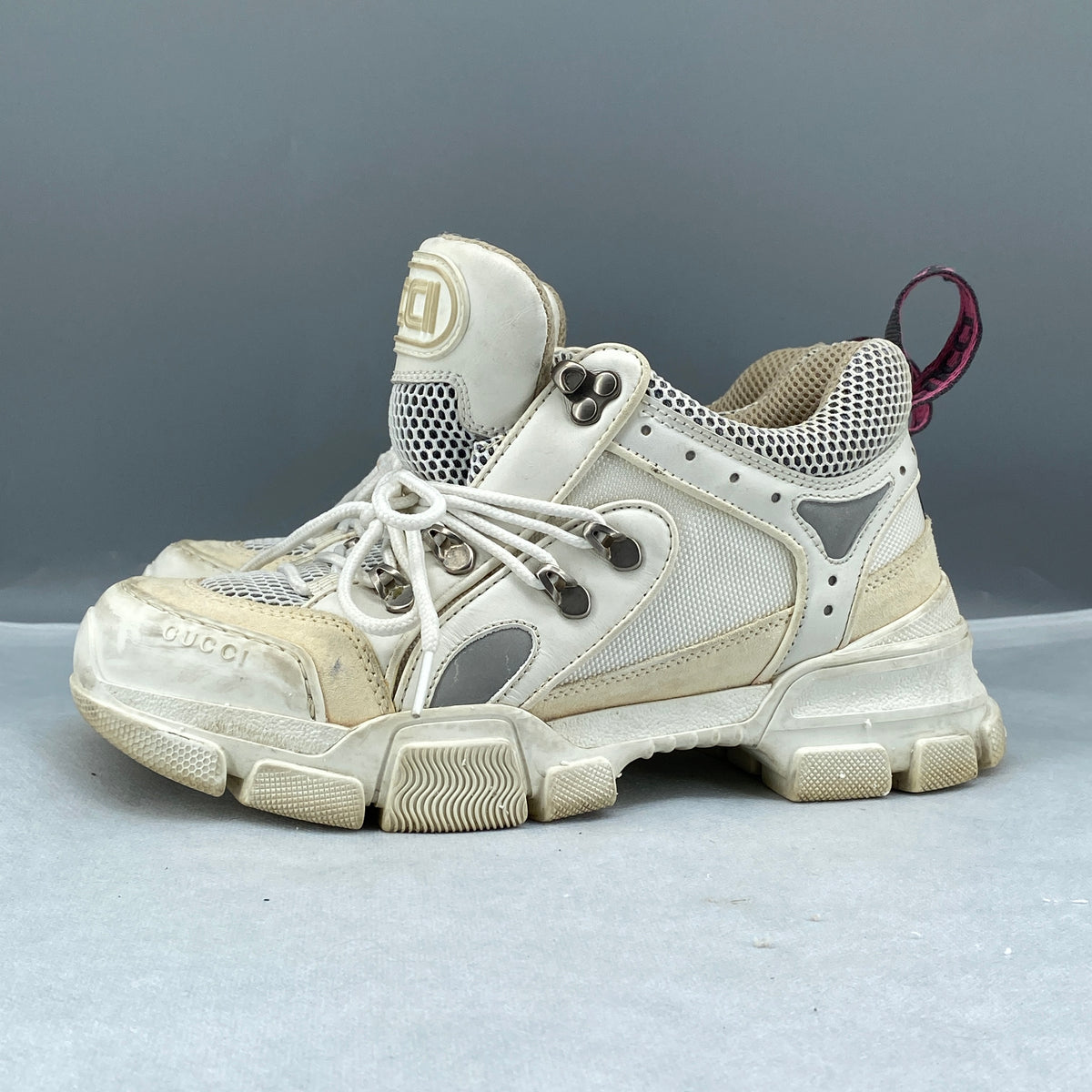 Gucci Women‘s Cream Leather Mesh Lace Up Sneaker Shoes Size 38