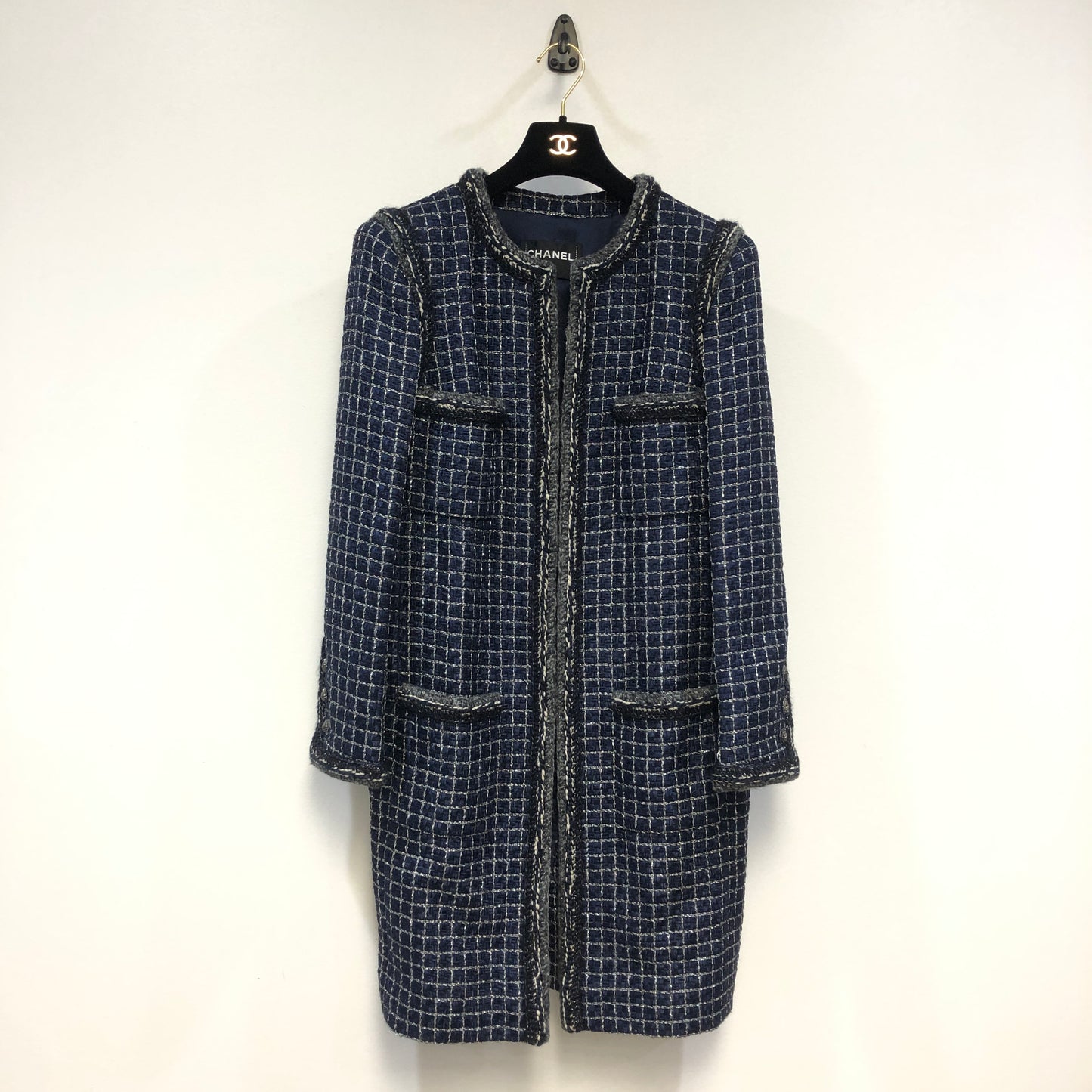 Chanel Tweed Coat Size 42 Navy Blue/White/Black/Grey/Silver