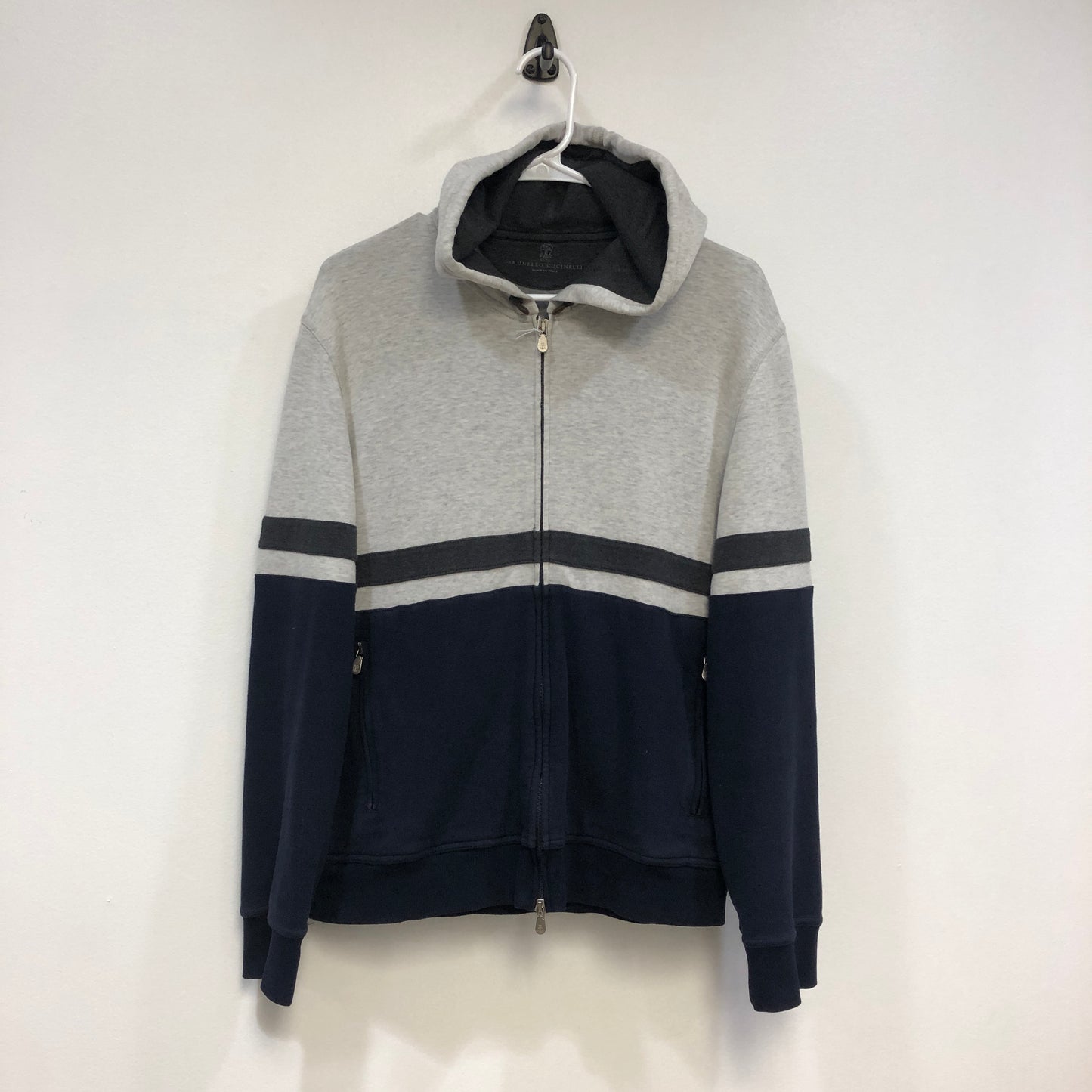 Brunello Cucinelli Grey & Navy Color-Block Zip-Up Hoodie Size S