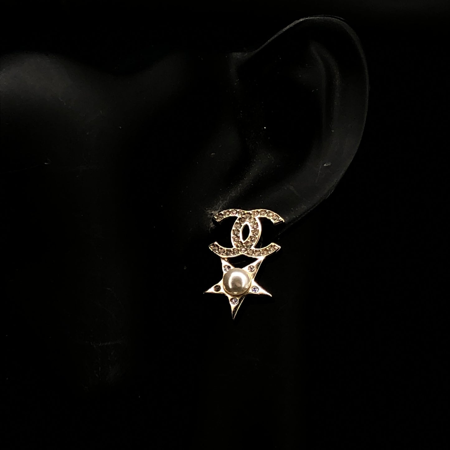 Chanel Crystal CC Logo Pearl Drop Earrings Gold Color