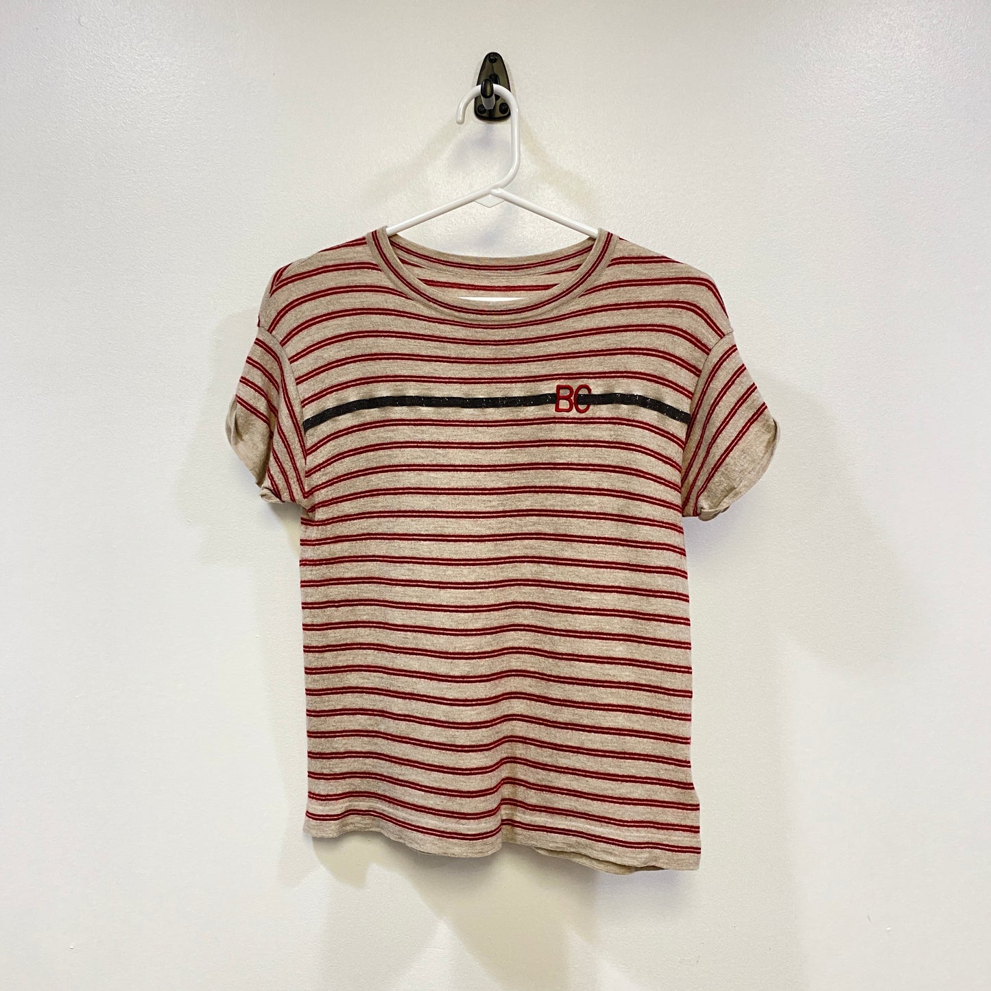 Brunello Cucinelli Grey Red Striped Short Sleeve Knit Top Size S