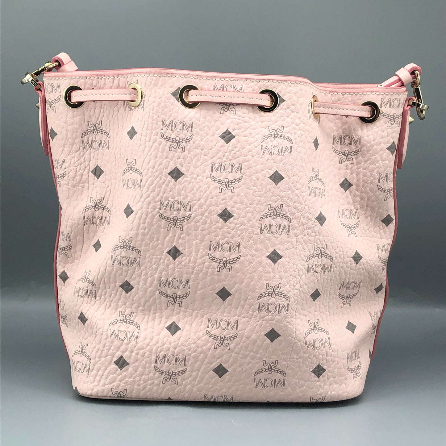 MCM Pink Visetos Print Drawstring Bucket Bag