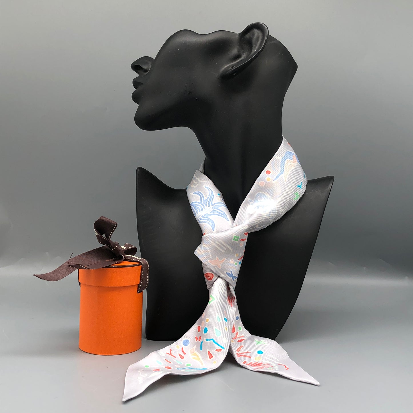 Hermes Set of 2 Twilly Scarves Grey Multi-Color Print