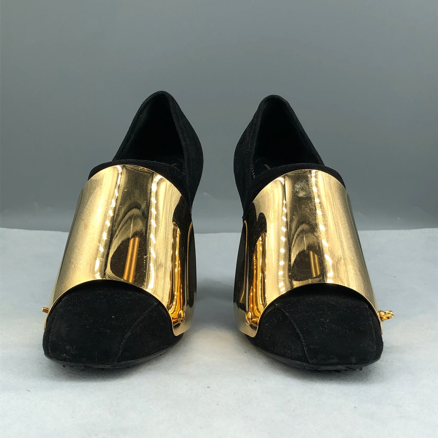 Saint Laurent Black Suede & Gold Metallic Cap Toe Block Heel Pumps 35