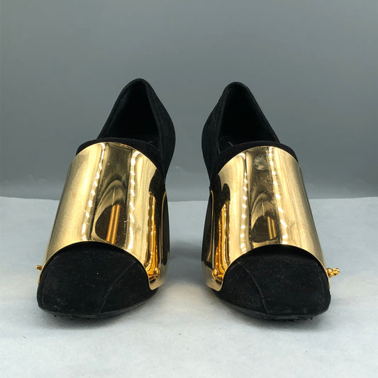 Saint Laurent Black Suede & Gold Metallic Cap Toe Block Heel Pumps 35