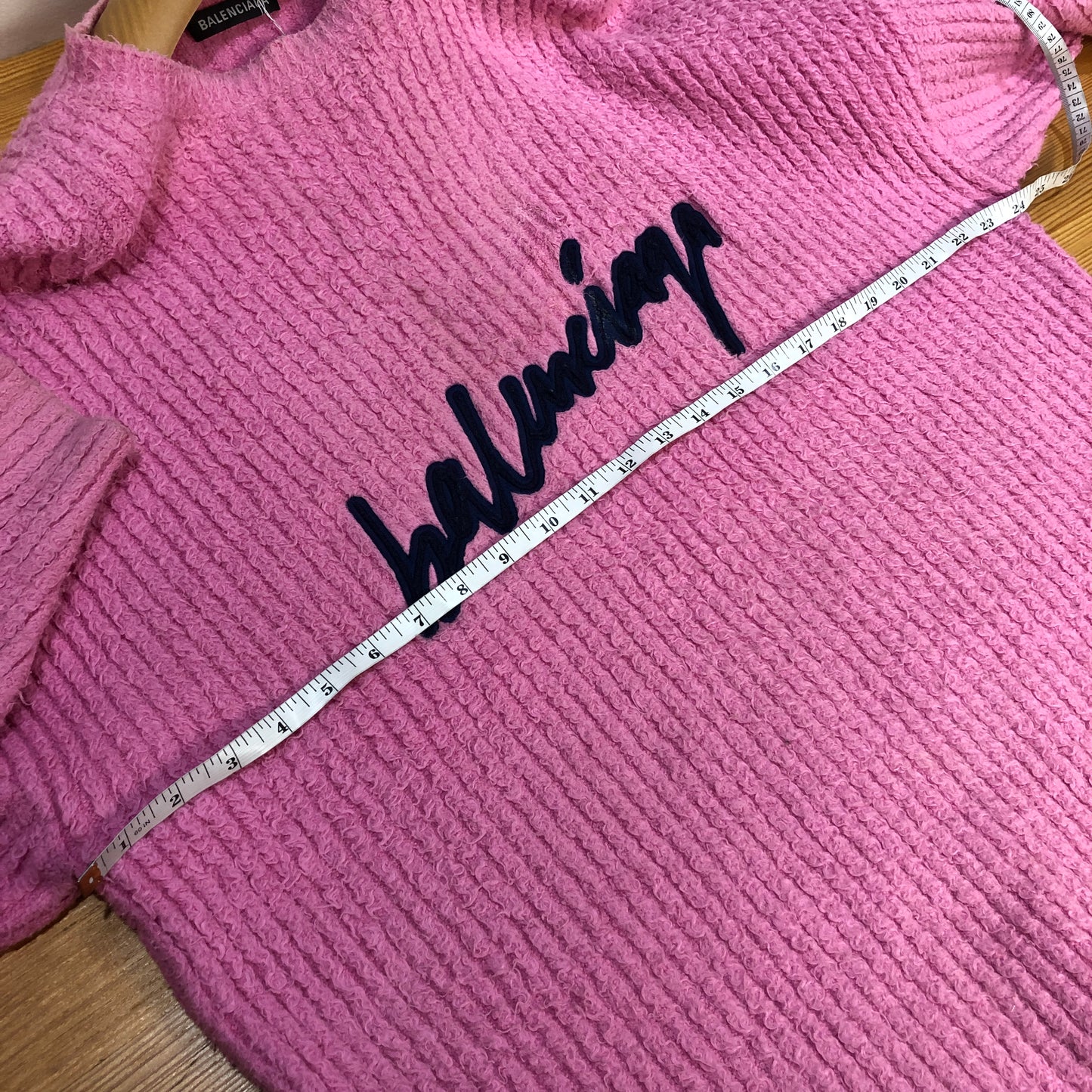 Balenciaga Sage Pink Ribbed Knit Logo Embroidery Oversized Crew Neck Sweater Size S