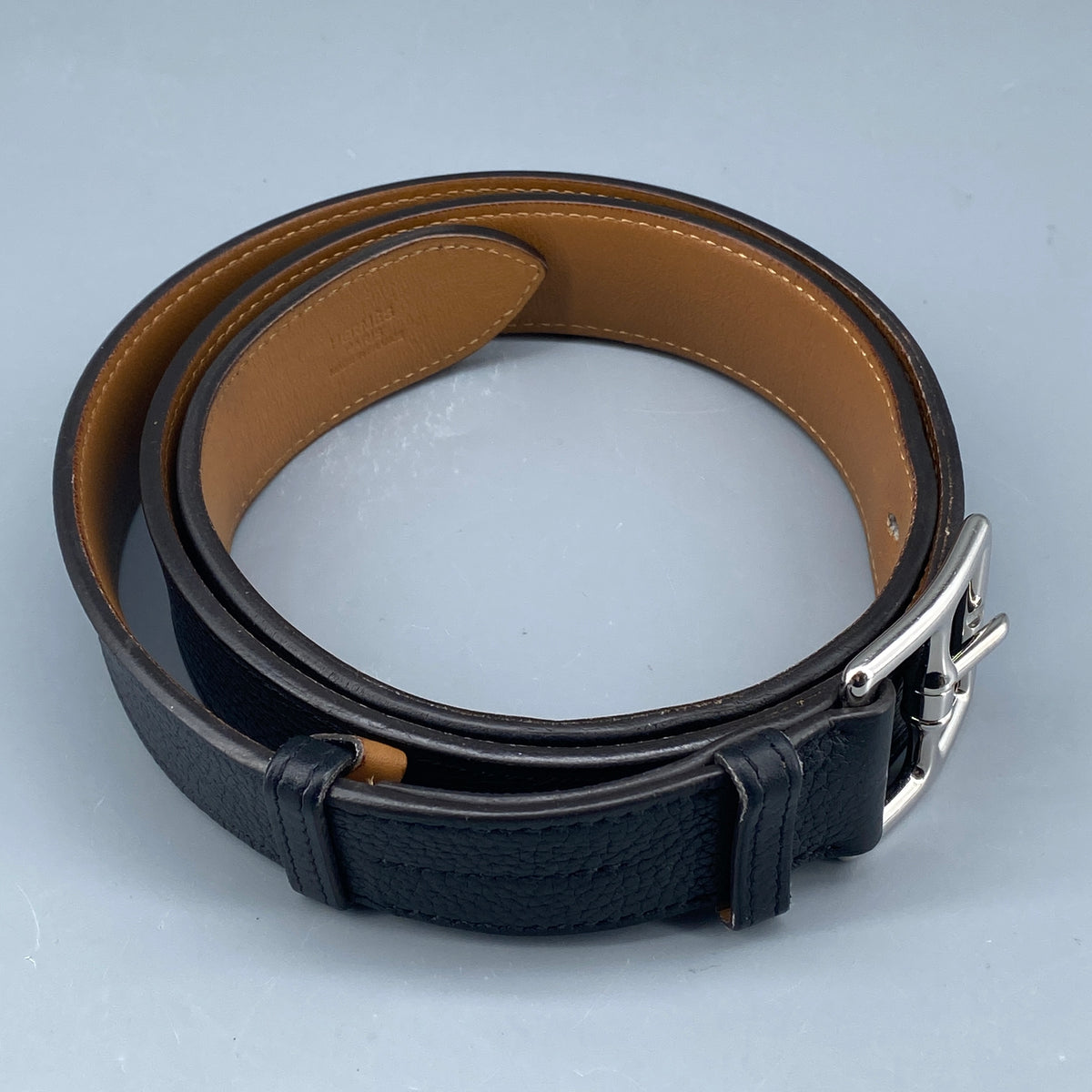 Hermes Black & Tan Leather Etriviere Belt Silver Buckle