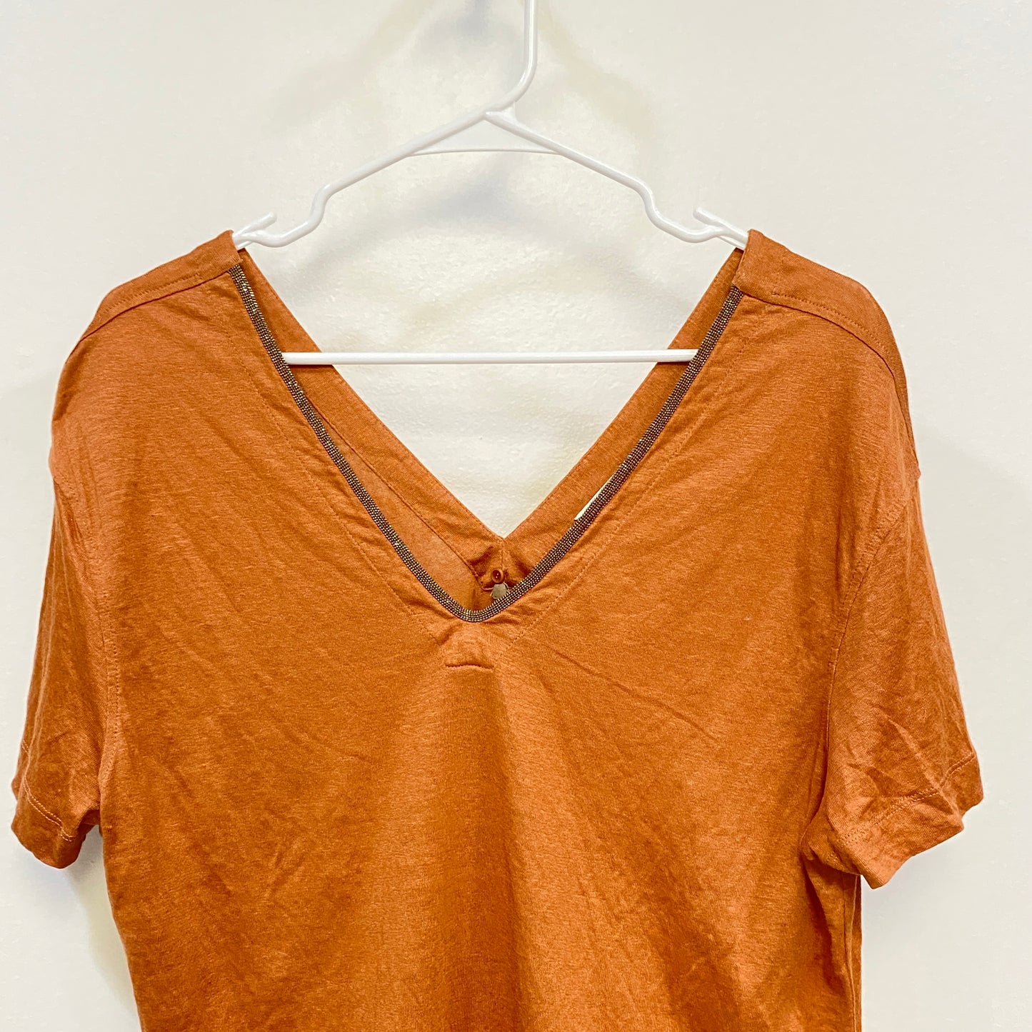 Brunello Cucinelli Rust V Neck Short Sleeve Top Bust 19.5in