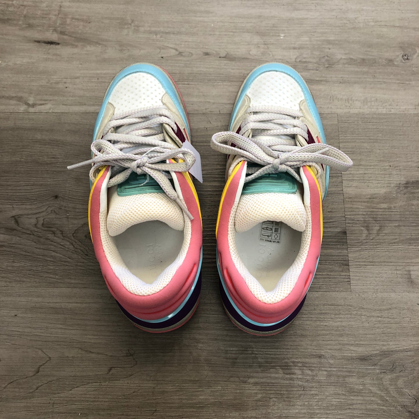 Gucci Women's Basket Multicolor Leather Low Top Sneaker Shoes 35.5 White Blue Pink Purple