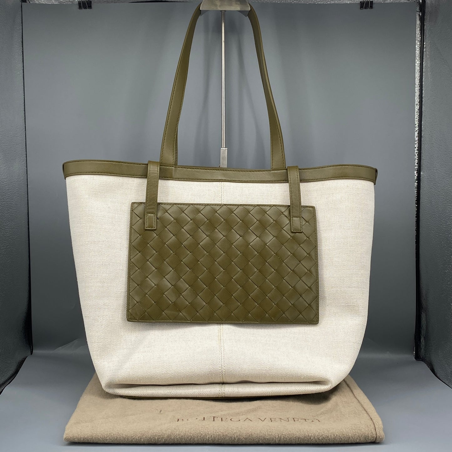 Bottega Veneta Olive Canvas Intrecciato Leather Tote Bag