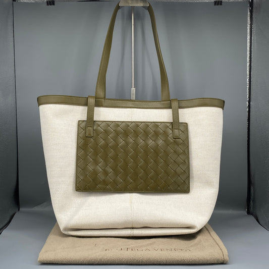 Bottega Veneta Olive Canvas Intrecciato Leather Tote Bag