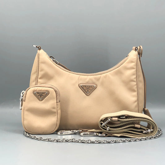 Prada Re-Nylon Classic Hobo Shoulder Bag Beige