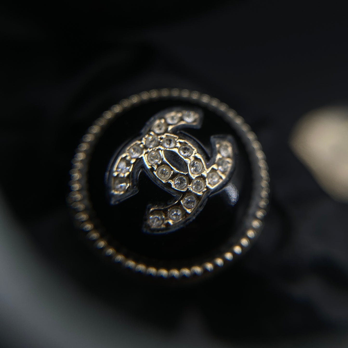 Chanel Black Enamel Gold Border Double C Round Stud Earrings